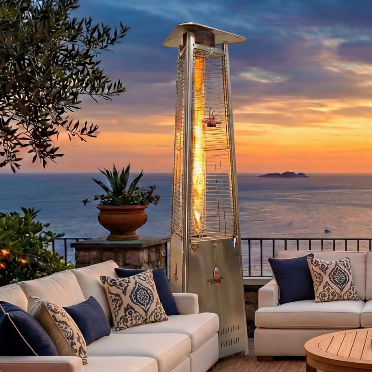 Lava Lite full-height flame tower on an open terrace