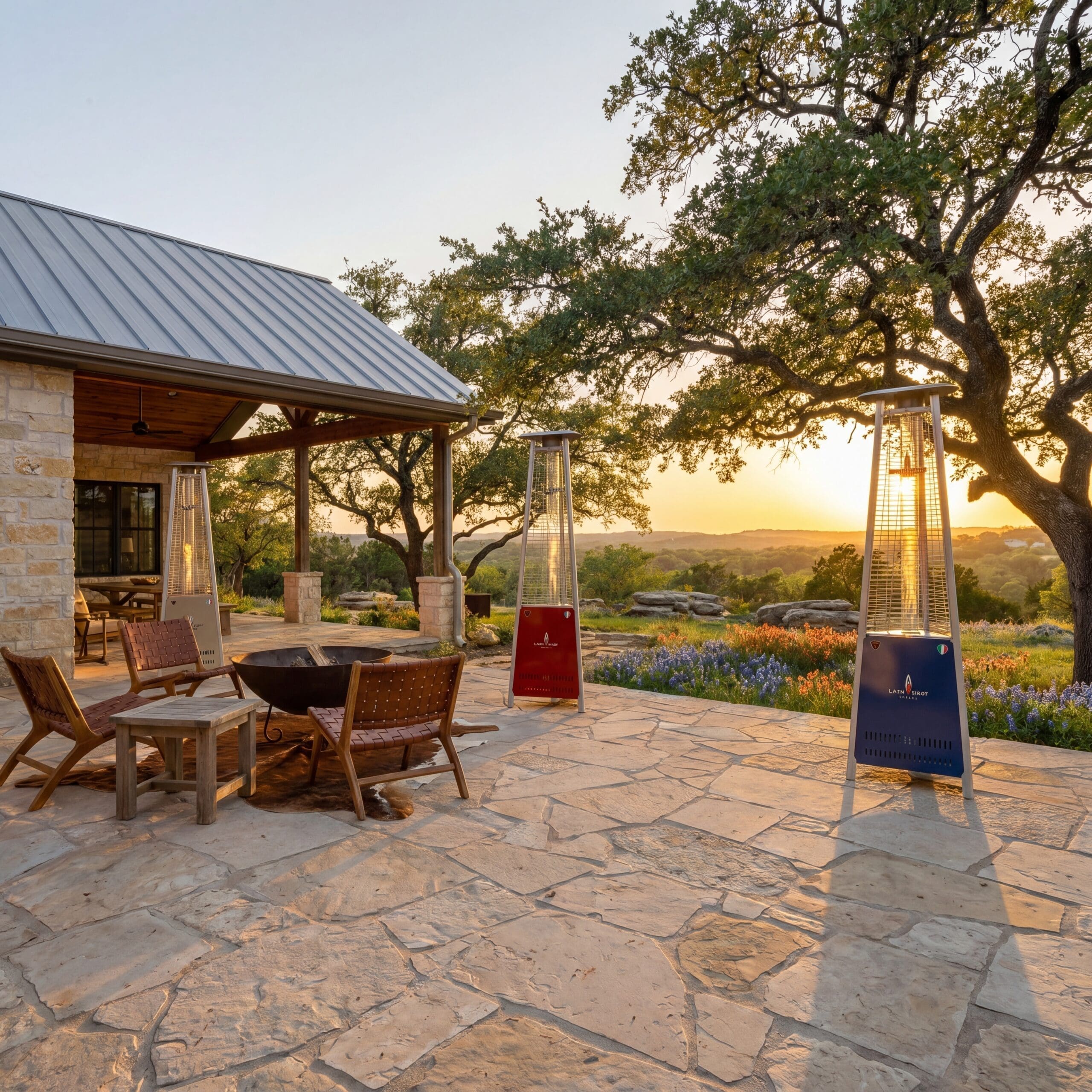 The Capri in Scarlet and Indigo on a Texas Hill Country patio with bluebonnets at sunset