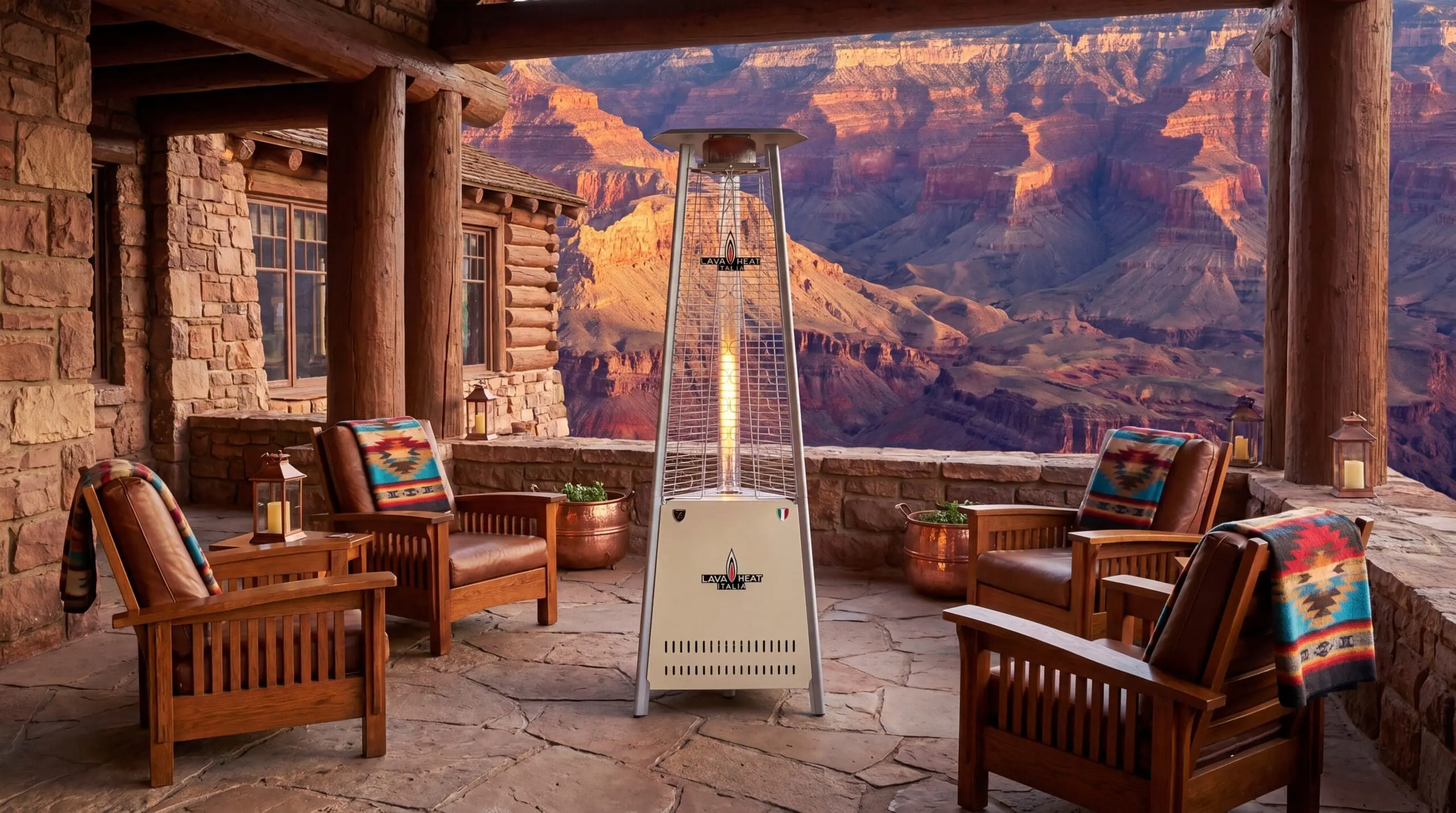 The Capri in Ivory on a Grand Canyon lodge veranda at golden hour