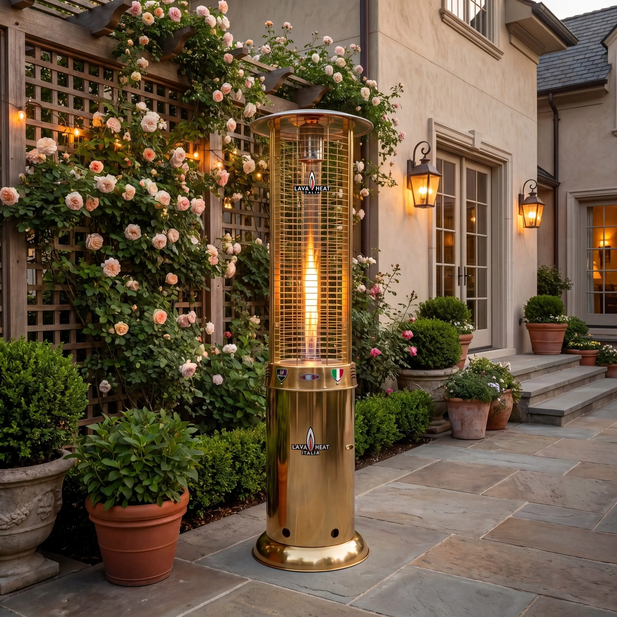 The Opus Gold in a rose courtyard at twilight